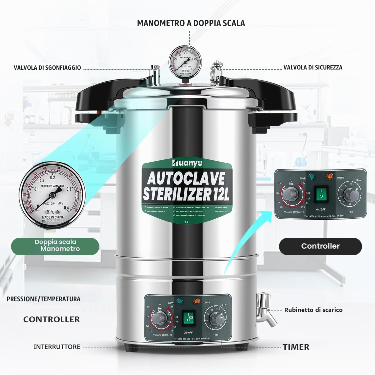 Huanyu 12L Autoclave Sterilizzatore, Temperatura e tempore golabili | Design ad apertura rapida, Sterilizzatore a vapore ad alta pressione per laboratori Università