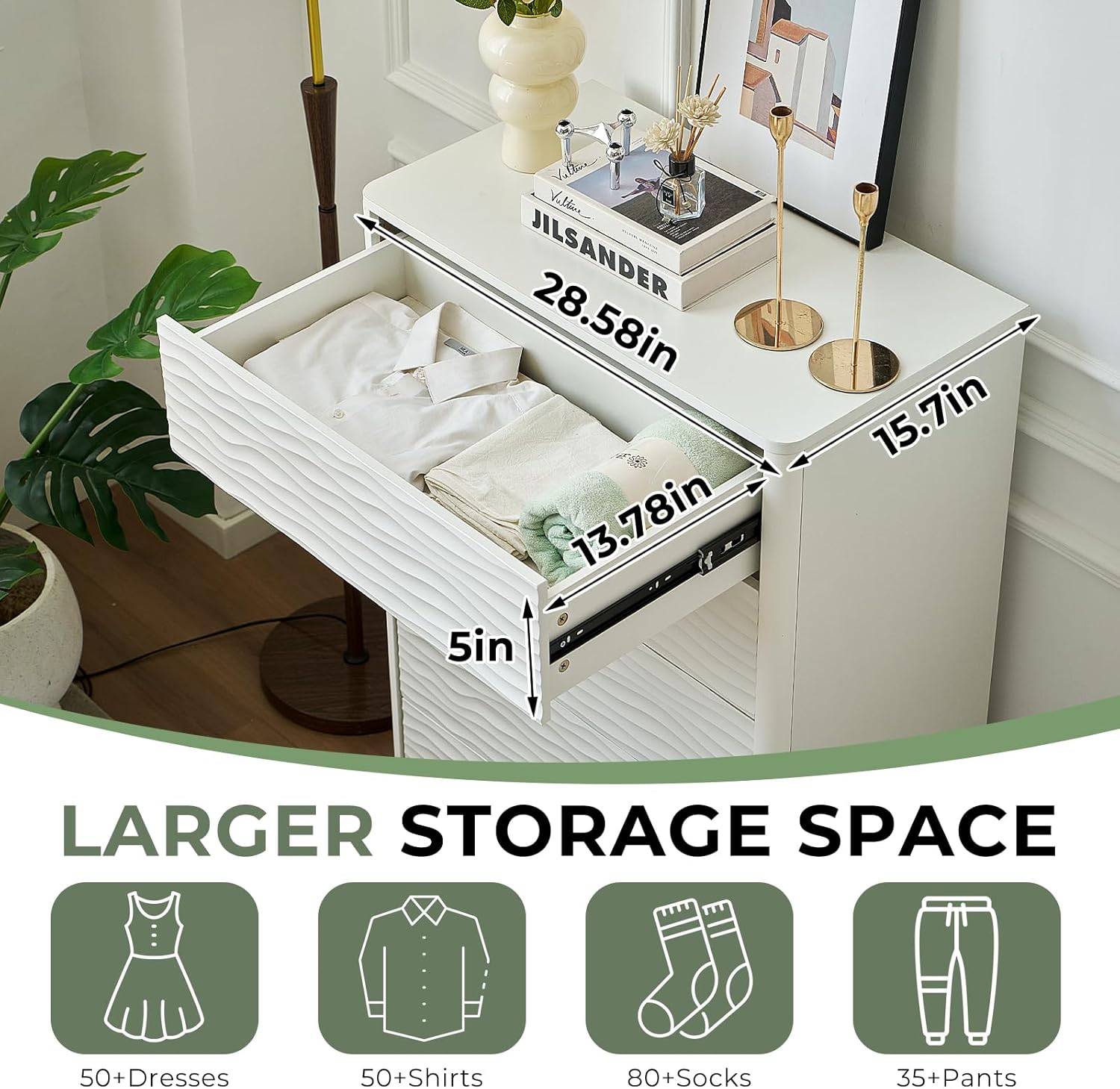 Modern 5 Drawer Dresser for Bedroom, 43" H Chest of Drawers, Tall 5 Drawers Dresser with Smart Press-to-pop Drawer, Large Storage Space for Living Room, Entryway, Hallway, White