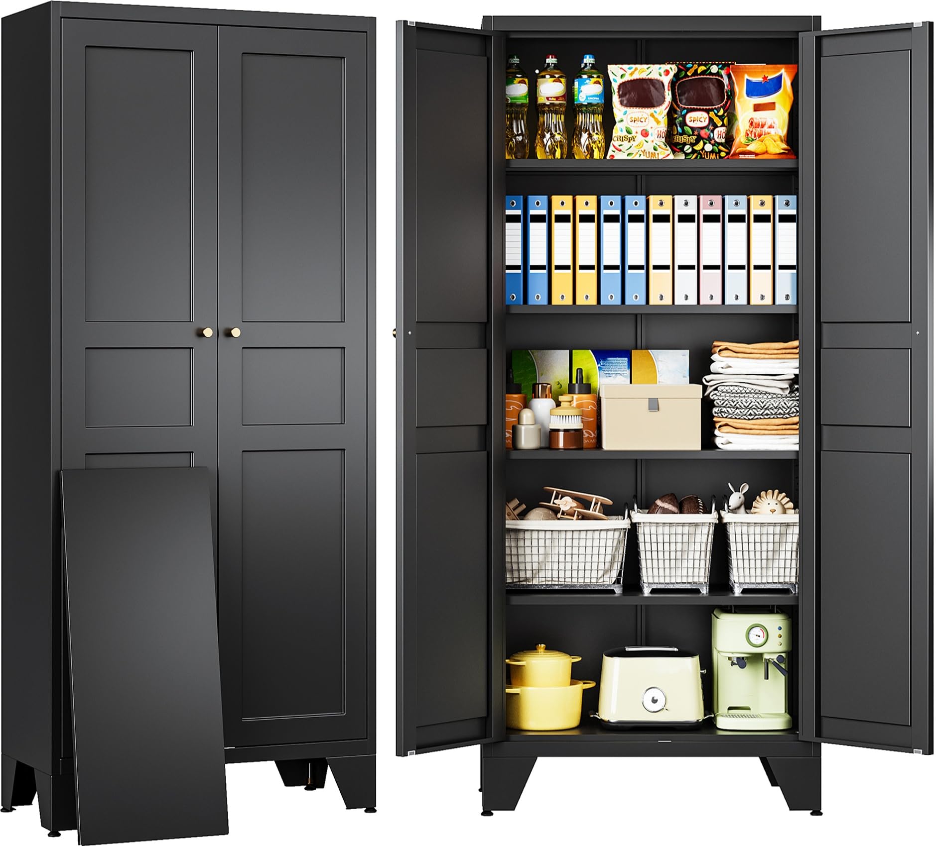 SISESOL Metal Storage Cabinet with Doors and Shelves,Black Storage Cabinet with Leg,Metal Pantry Cabinets,Ventilated Pantry Closet,Tall Large Cupboard