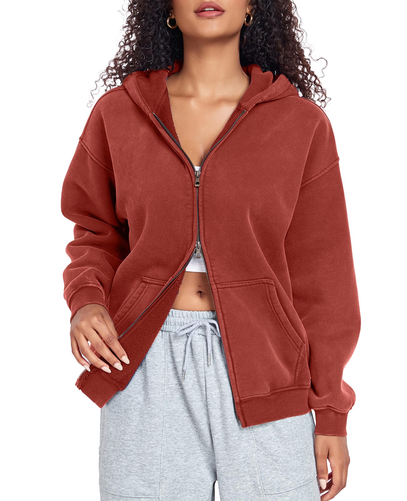 HOUZONIY Hoodie Damen Sweatjacke Kapuzenjacke Oversize Reißverschluss Fleece Sweatshirt Einfarbig Herbst Jacken Y2k Kapuzenpullover
