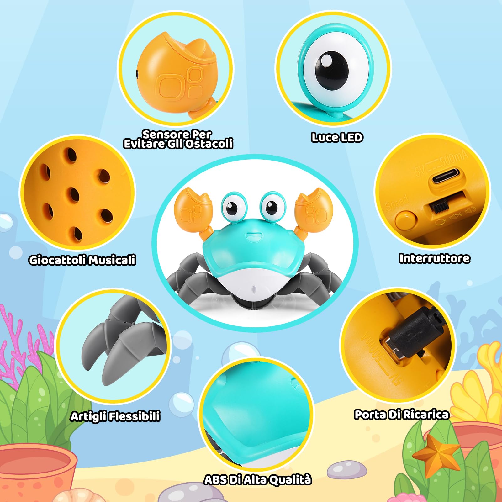 iKidiki Granchio Che Cammina Neonato, Giochi Bambini 1 2 3 4 Anni Granchio Tummy Time Giocattoli Bambino 1 2 3 4 Anni Giochi Neonato 3-6-9 Mesi Regalo Bambino 1 2 3 4 Anni Giochi Educativi 1-4 Anni