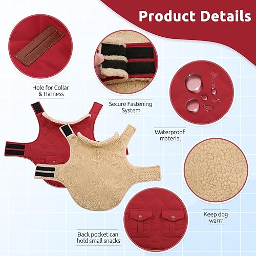 Miniatura 3 de ASENKU Abrigo cálido de invierno para perro, forro polar y cuello alto, chaqueta acolchada con bolsillos, impermeable, ropa para clima frío para