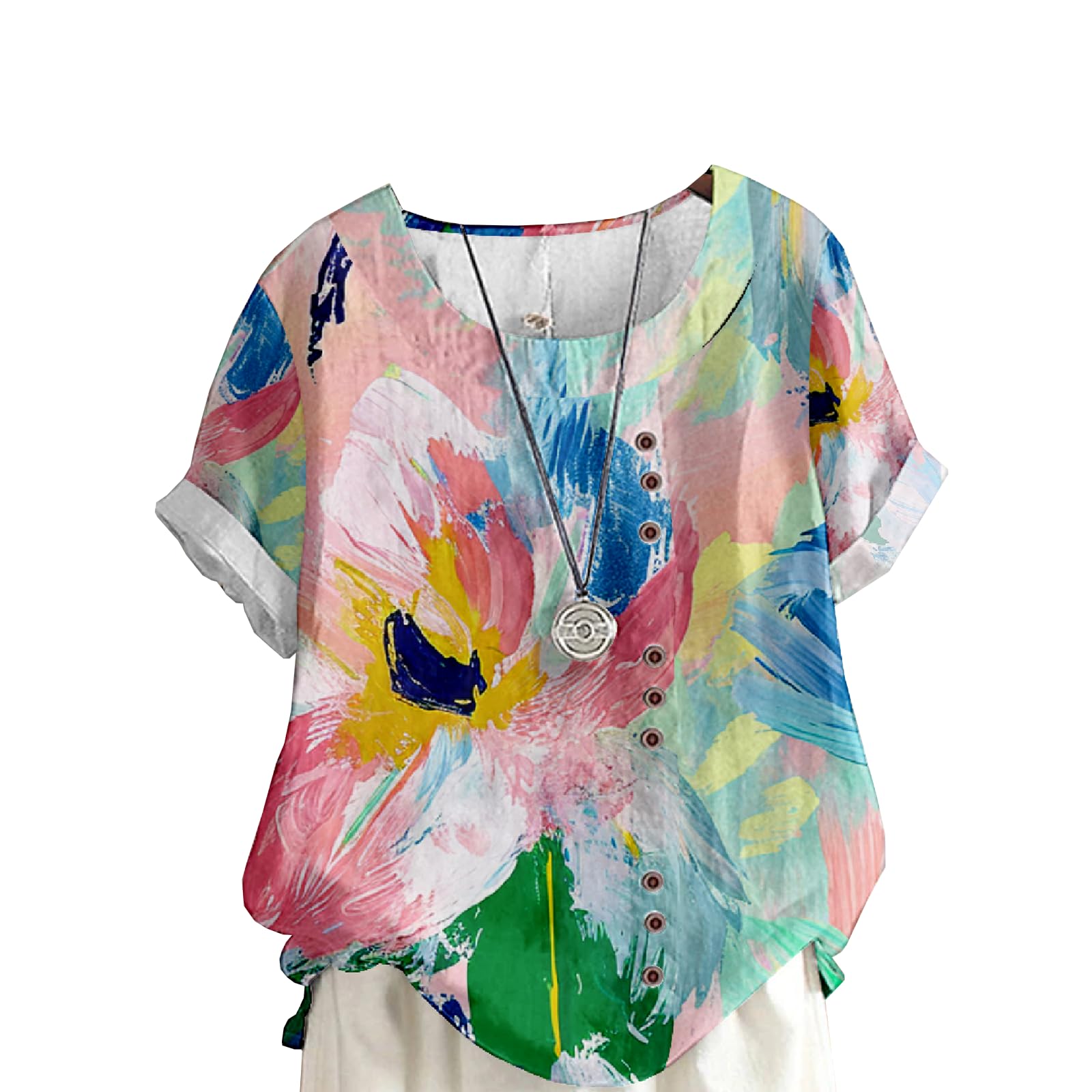 Summer Tops for Women Boho Floral Printed Casual Short Sleeve Button Linen Shirts Loose Fit Retro Graphic T Shirt