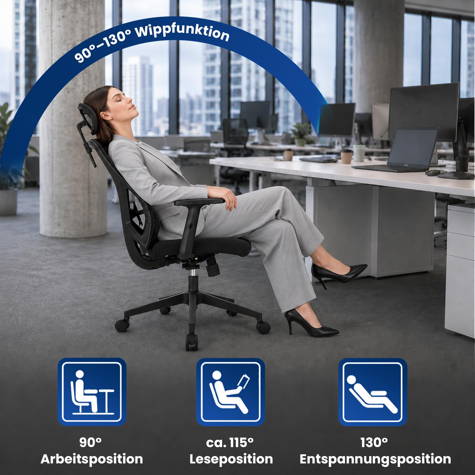 Bürostuhl ergonomisch, Schreibtischstuhl mit Kopfstütze, Lordosenstütze und höhenverstellbaren Armlehnen, Drehstuhl mit 90°-130° Wippfunktion, Netzstuhl bis 150 kg für Homeoffice