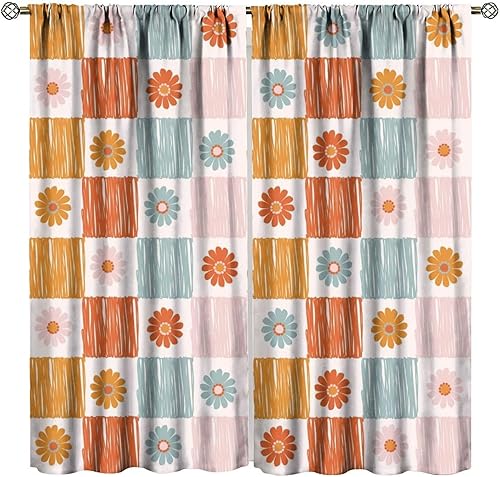 Miniatura 7 de Cortinas florales retro de los años 70, estilo hippie de verano naranja, estampado de flores, decoración con bolsillo para barra, cortinas de Retro