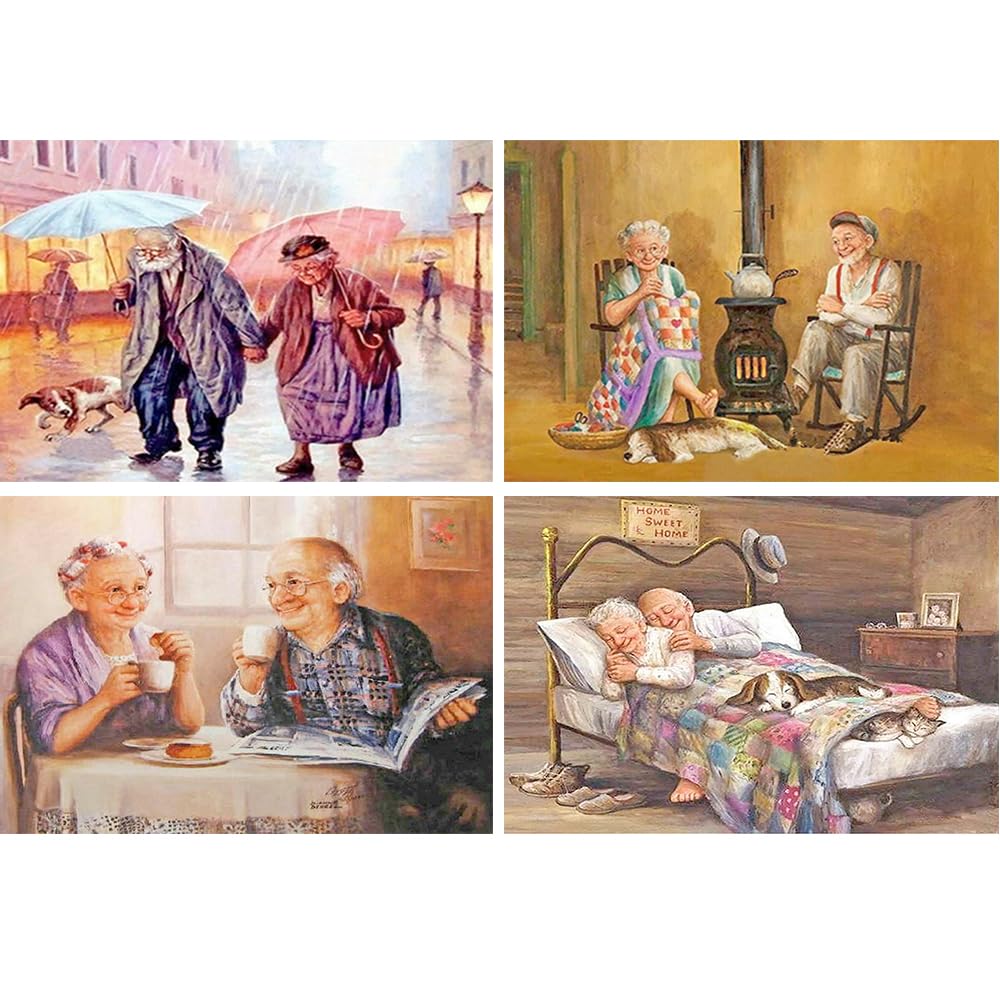DCIDBEI 40 x 30 CM DIY 4 Pack Pintura de Diamantes Amor || Pareja de Ancianos de Cuadros diamantes 5D Redondo || Regalo de Boda/Fiesta/Cumpleaños || Decoración de Pared || Mosaico Cristal Arte