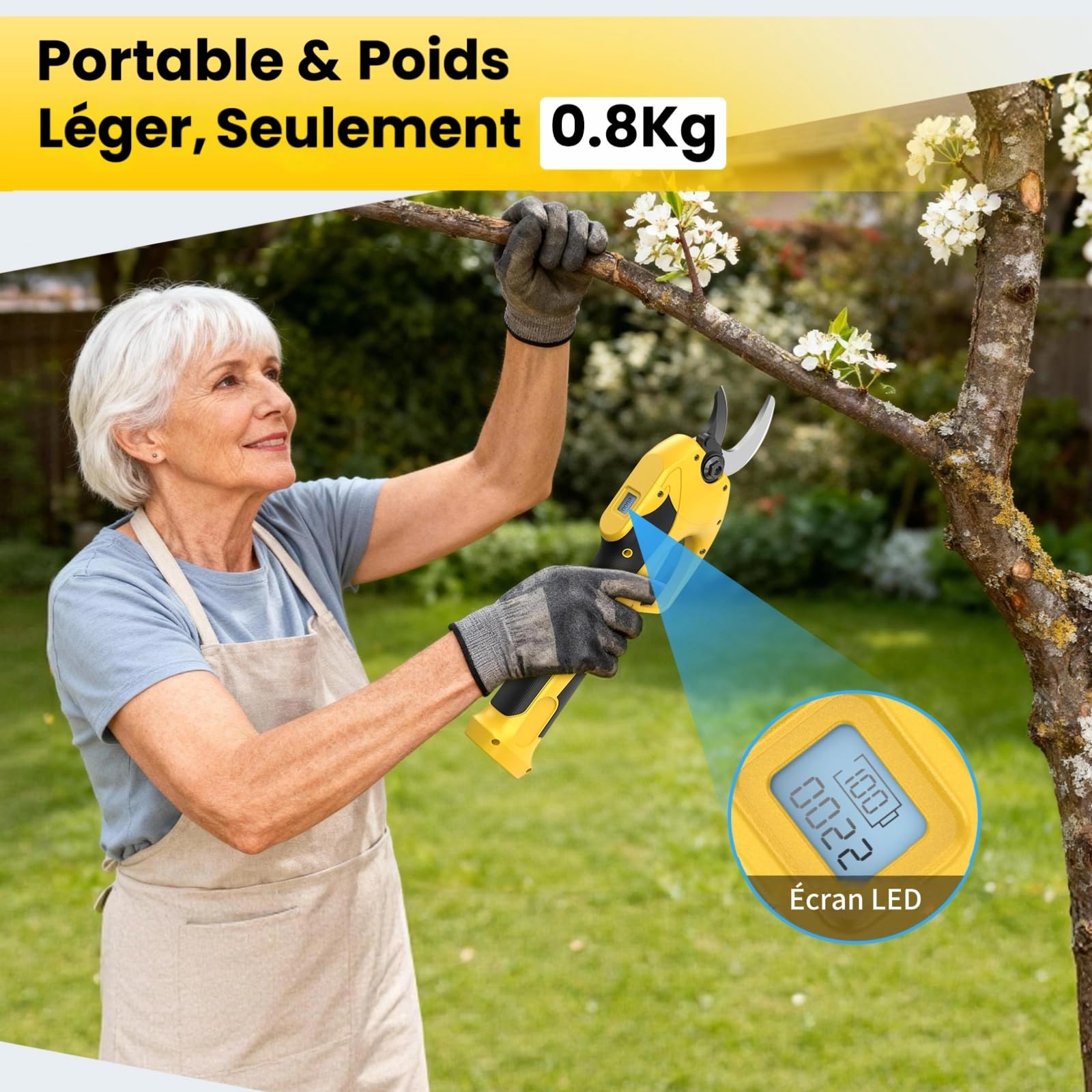 Sécateur Électrique Sans fil, 23mm Sécateur Électrique & 600 W Moteur Sans Balais & écran LED, Rechargeable par USB-C, Autonomie Longue Durée,Idéal pour Le jardin, Les Branches et Les Arbres Fruitiers