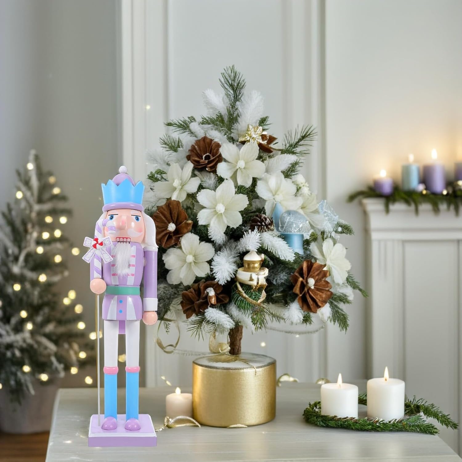 Wooden Nutcracker Soldier Figurine Purple Christmas Decoration for Holiday Parties Festive Shelves Tables and Collectible Displays Classic Xmas Wood Nutcracker Ornament