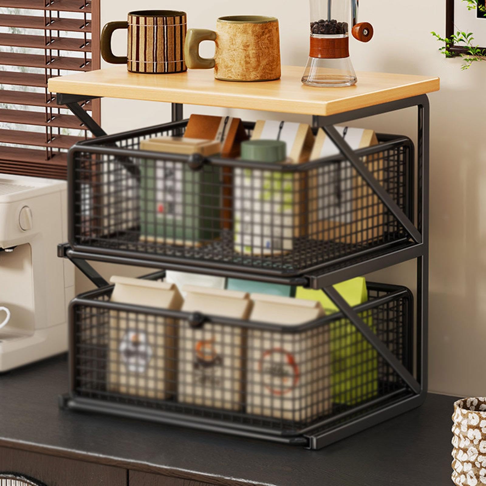 Coffee Station Organizer Küchenregal mit Schublade Und Fächern Zur Aufbewahrung von Tassen Becher Tee Kaffeezubehör für Kaffeebar Esszimmer Küche, Black S