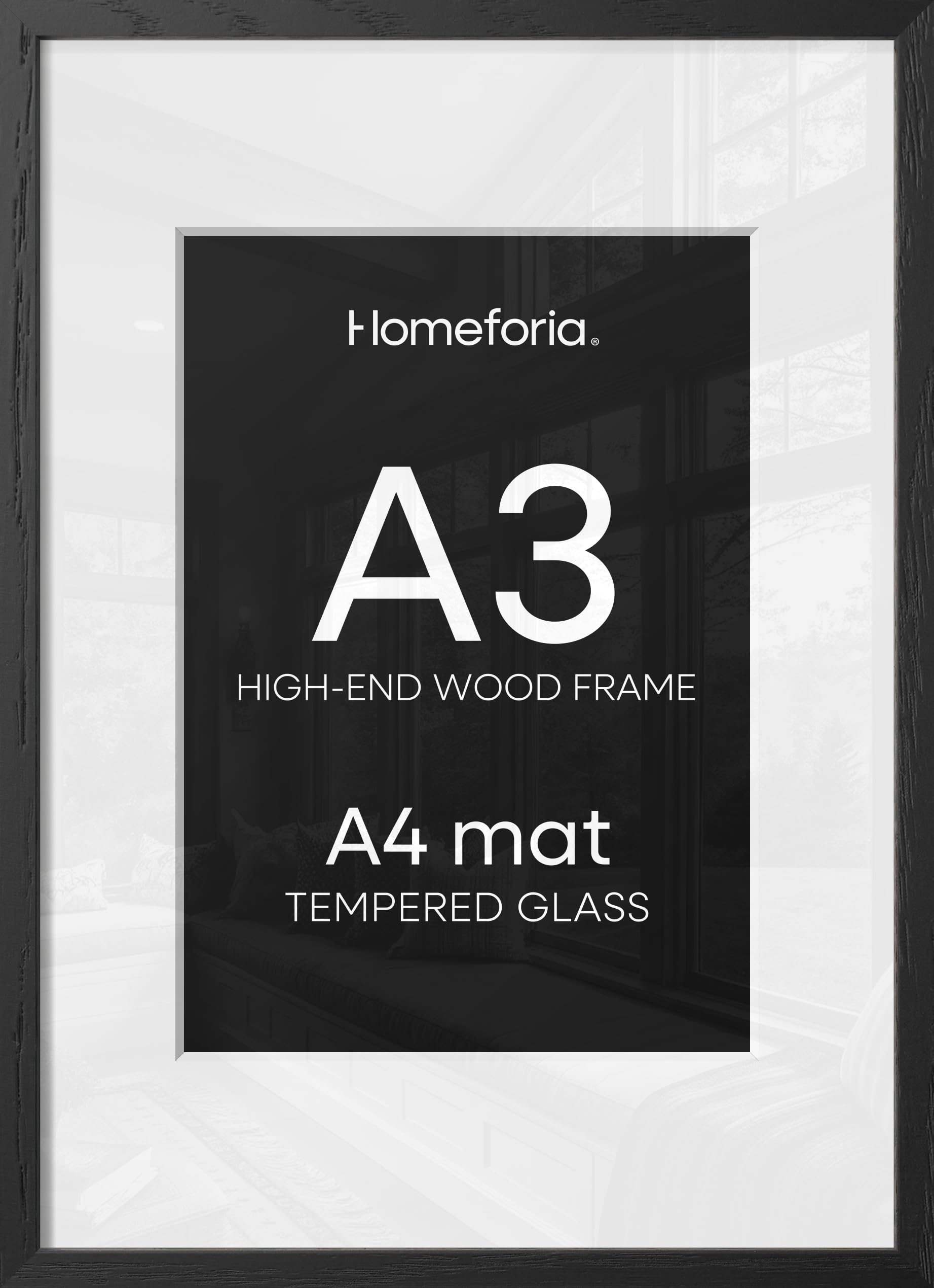 Homeforia A3 Black Oak Picture Frame, High-End Wood, A4 Mat, Glass | High End Solid Oak Wood, Tempered Glass, Acid-Free A4 Removable Mat, A3 Edge-to-Edge Display, Wall Kit, Set Of 1