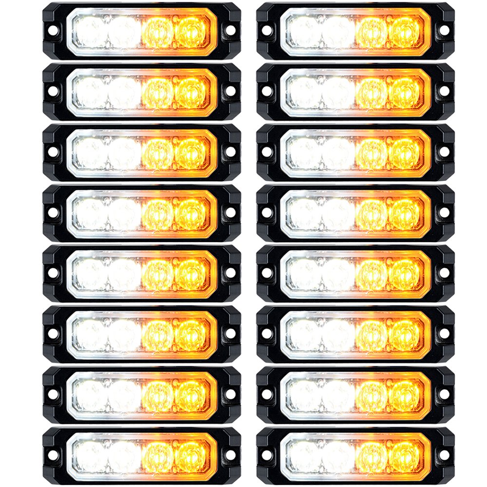 4-LED White Amber Ultra Slim Surface Mount Emergency Warning SYNC Strobe Light Head Car Truck (White Amber, 16pcs)