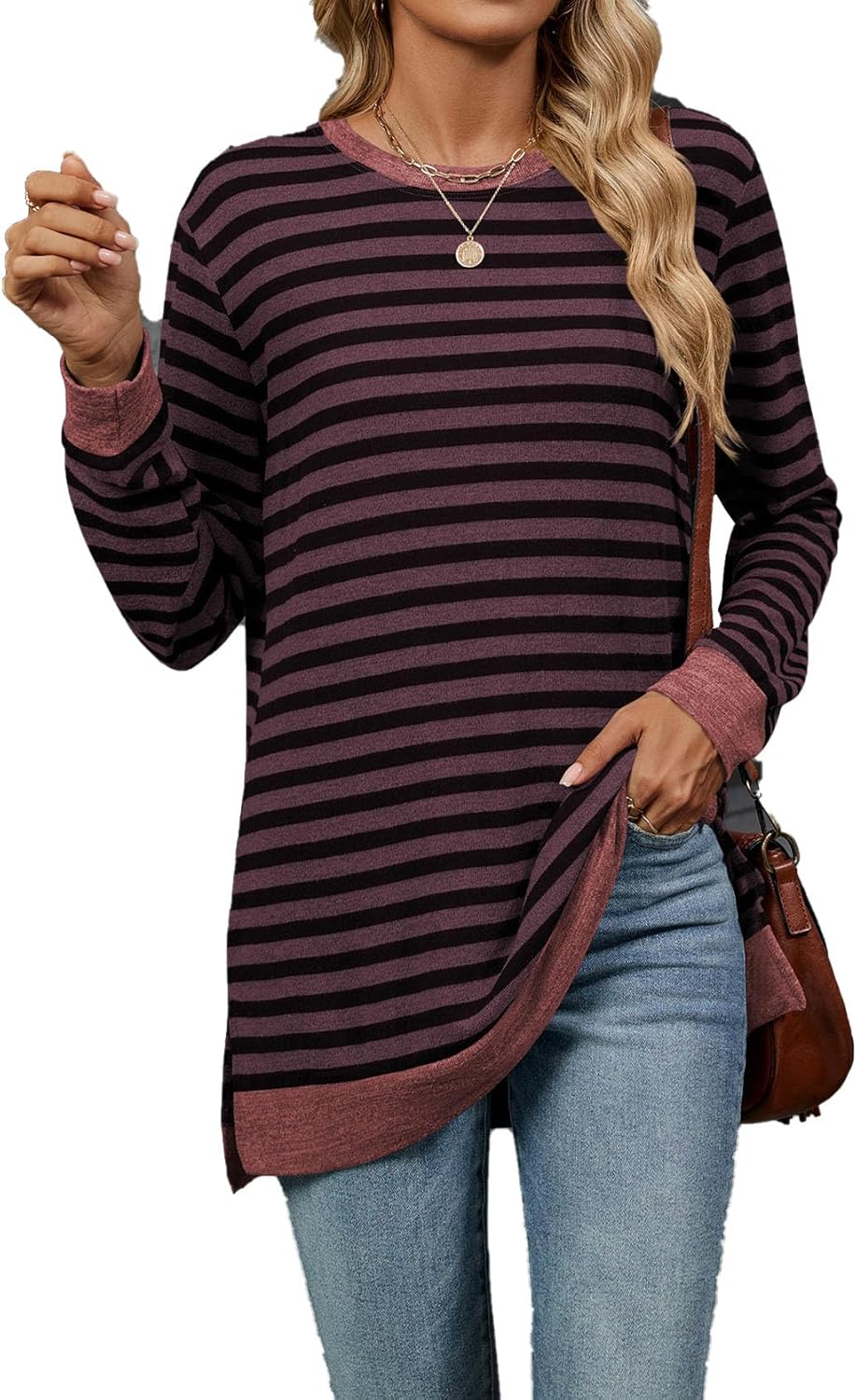 Long Sleeve Shirts for Women Fall Fashion Crewneck Striped Tops Loose Fit Color Block Pullover Outfits
