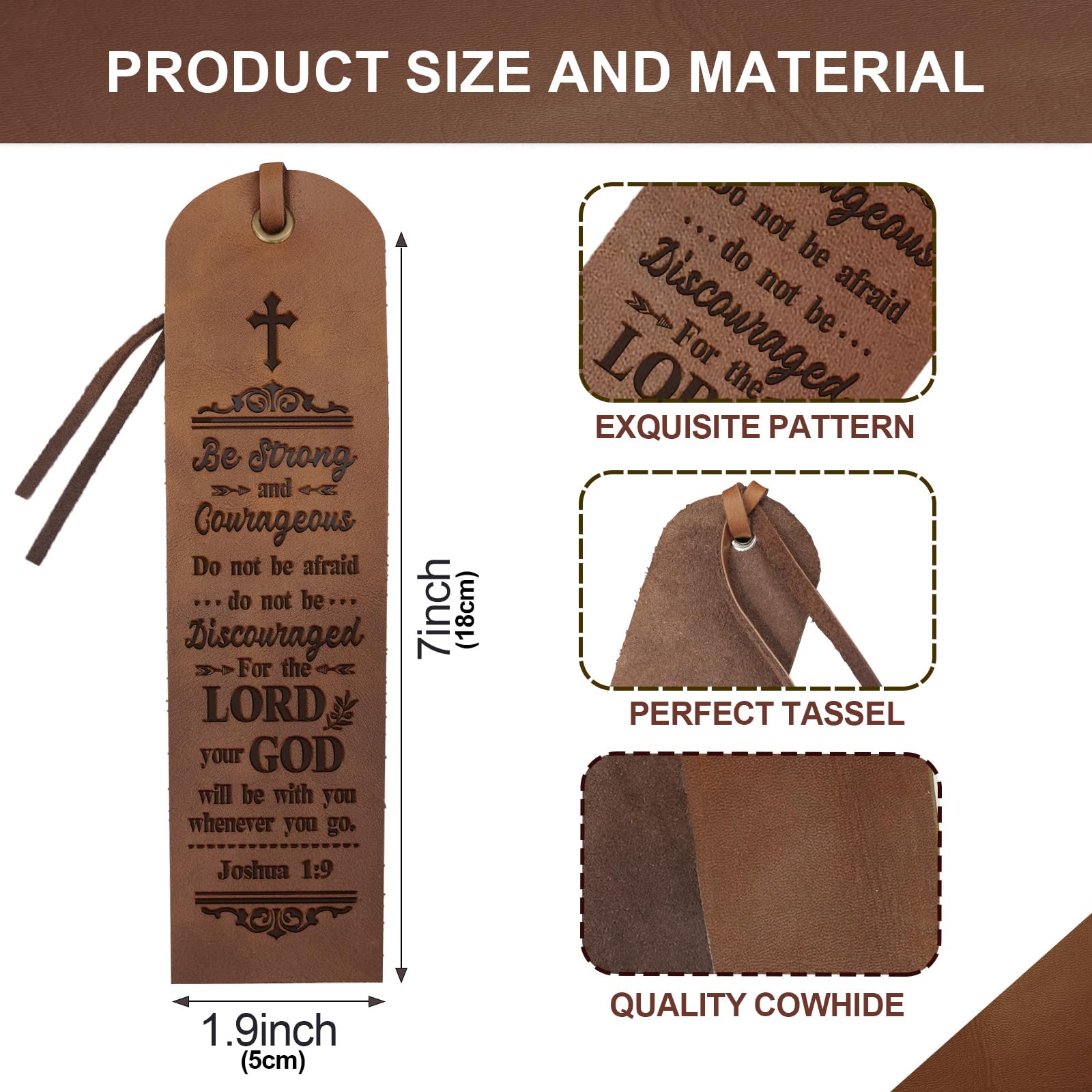 MAYJOYDIY 4Pcs Bible Leather Bookmarks for Women Men 2×7inch Be Strong Book Page Markers with Inspirational Bible Verse Handmade Leather Bookmark for Book Lovers Readers Writers Gifts - Image 2