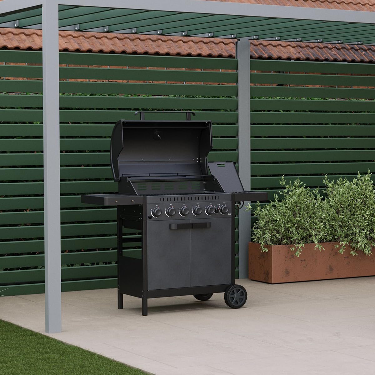 Ottimo 6 Burner Gas BBQ - Matt Grey/Black - Side Burner - 72cm Cooking Area
