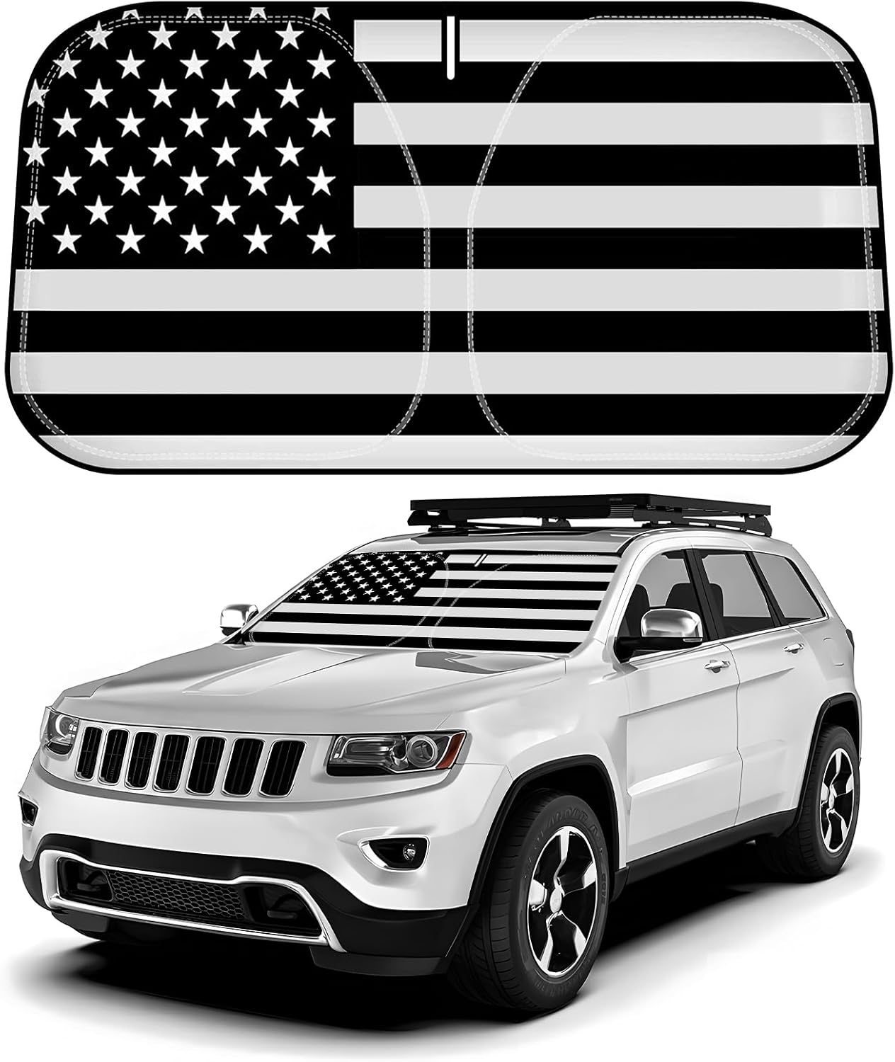 D-Lumina Windshield Sun Shade for 2011-2021 Jee-p Grand Cherokee (NOT for Grand Cherokee L), Front Window Sunshade American Flag Sun Visor Sun Shield Block UV Ray Heat, Foldable 2 Layers 210T Material