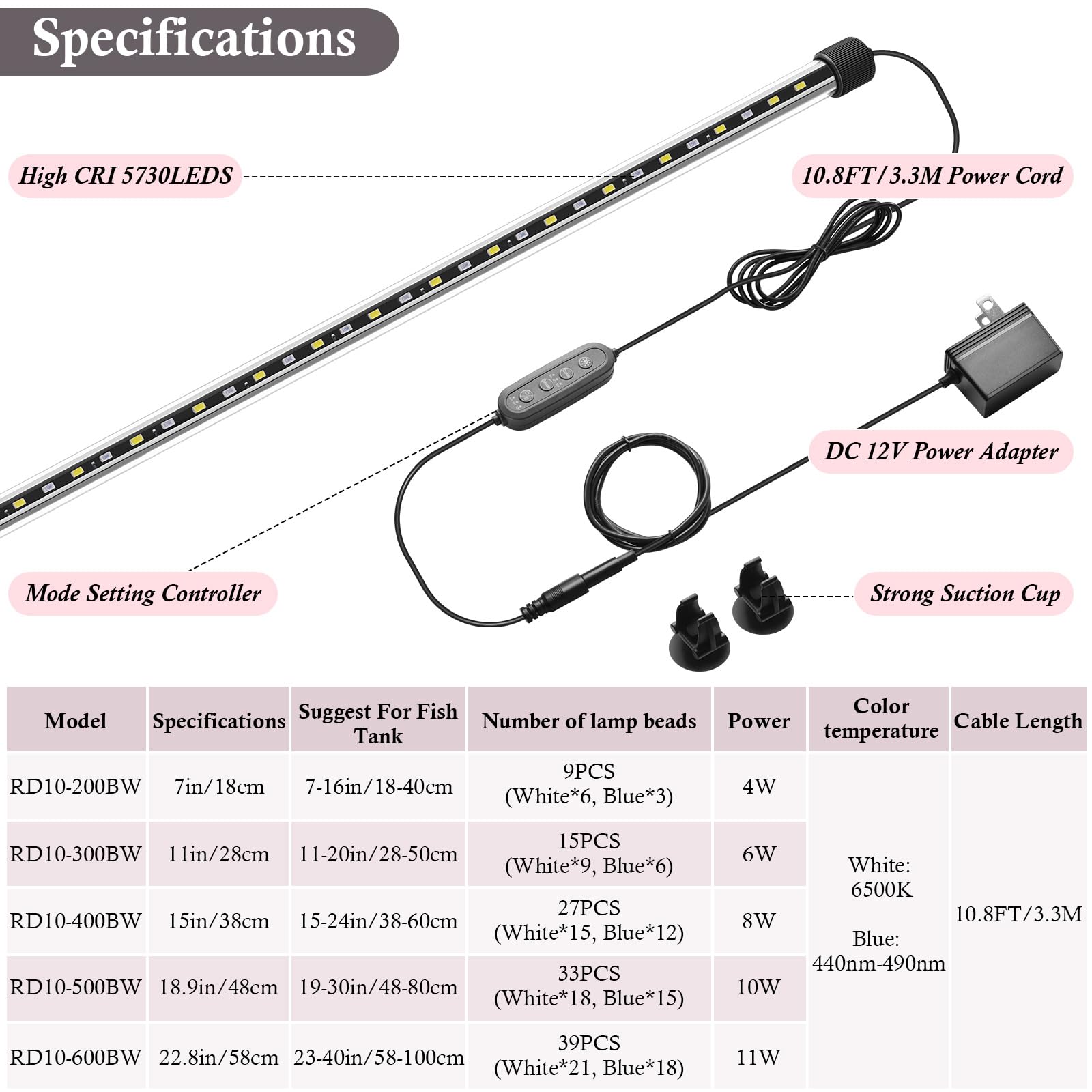 Dirvin 11 W LED-Aquarium-Licht mit Timer, tauchfähiges Aquarium-Licht, 24/7-Modus, Sonnenaufgang, Tageslicht, Mondlicht und 3 Farben einstellbare Helligkeit, automatisches Ein-/Ausschalten, 57,9 cm