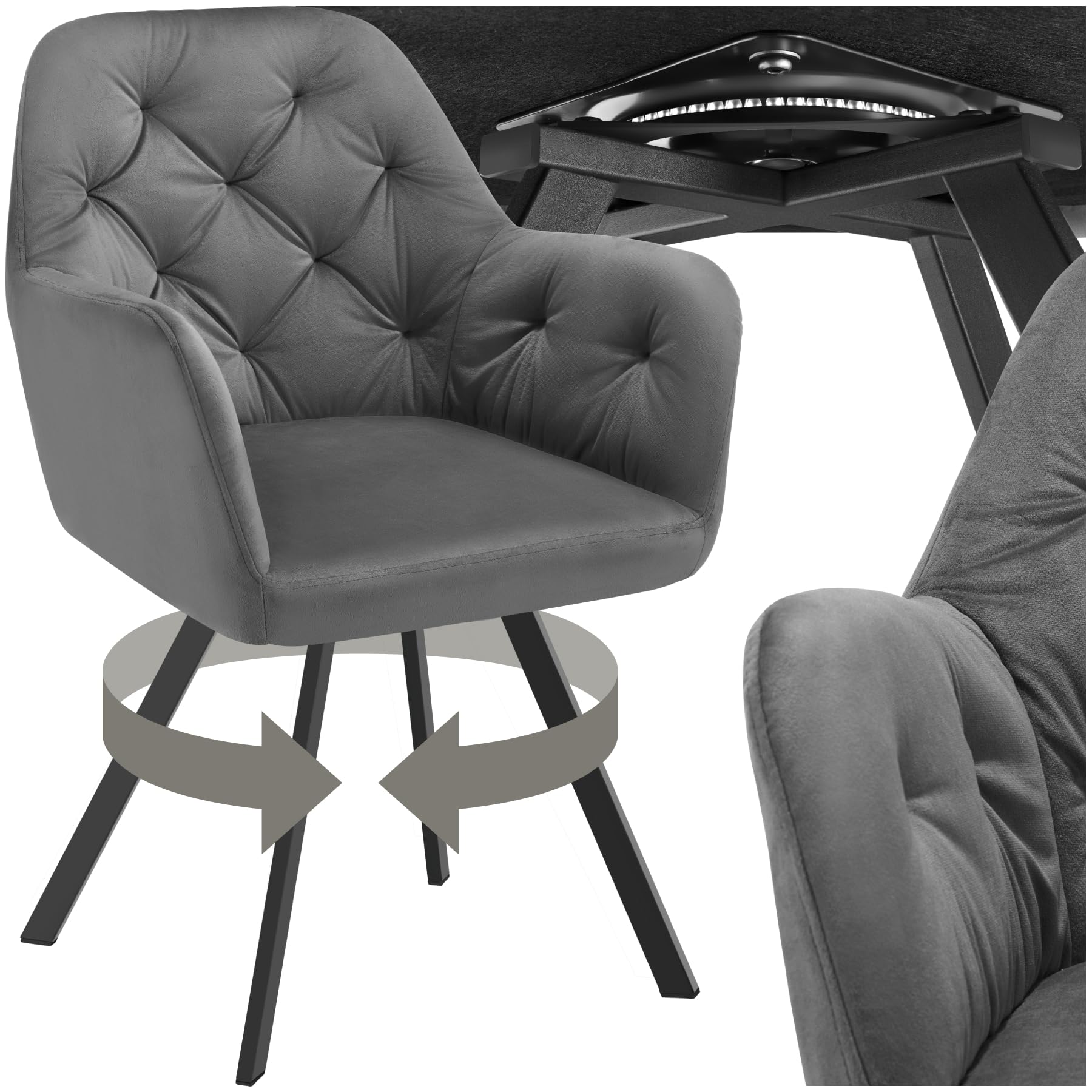 tectake® Esszimmerstuhl drehbar mit Armlehne, Samtstoff Drehstuhl ergonomisch, Möbel für Wohnzimmer, Stühle für Dining Lounge, Office, als Schminkstuhl oder Schreibtischstuhl - anthrazit