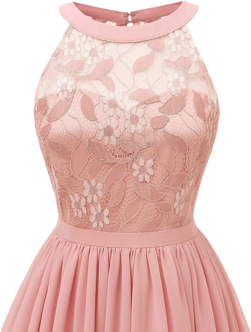 Women Halter Neck Floral Lace Chiffon Bridesmaid Dress Wedding Guest A Line Semi Formal Cocktail Swing Party Dress Illusion Sweetheart Short Vintage Casual Evening Prom Homecoming Dress Pink-Cutout L - Image 4