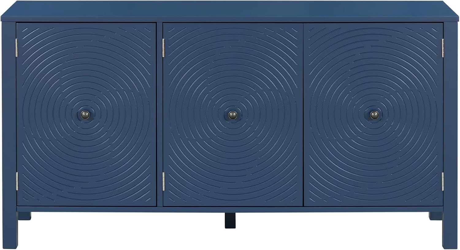 Modern Sideboard Buffet Cabinet with Curved Swirl Patterned Doors, Artistic 3-Door Storage Cabinet with Ample Space, for Living Room Entrance Dinning Room, Navy Blue