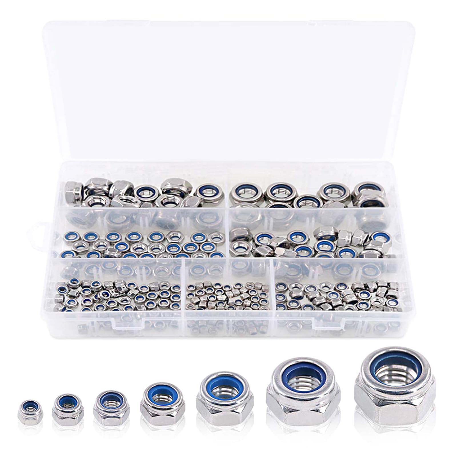 Set di 250 dadi di sicurezza metrici da 3/4/5/6/8/10/12 mm, in nylon, inserto esagonale, inserto in nylon autobloccante