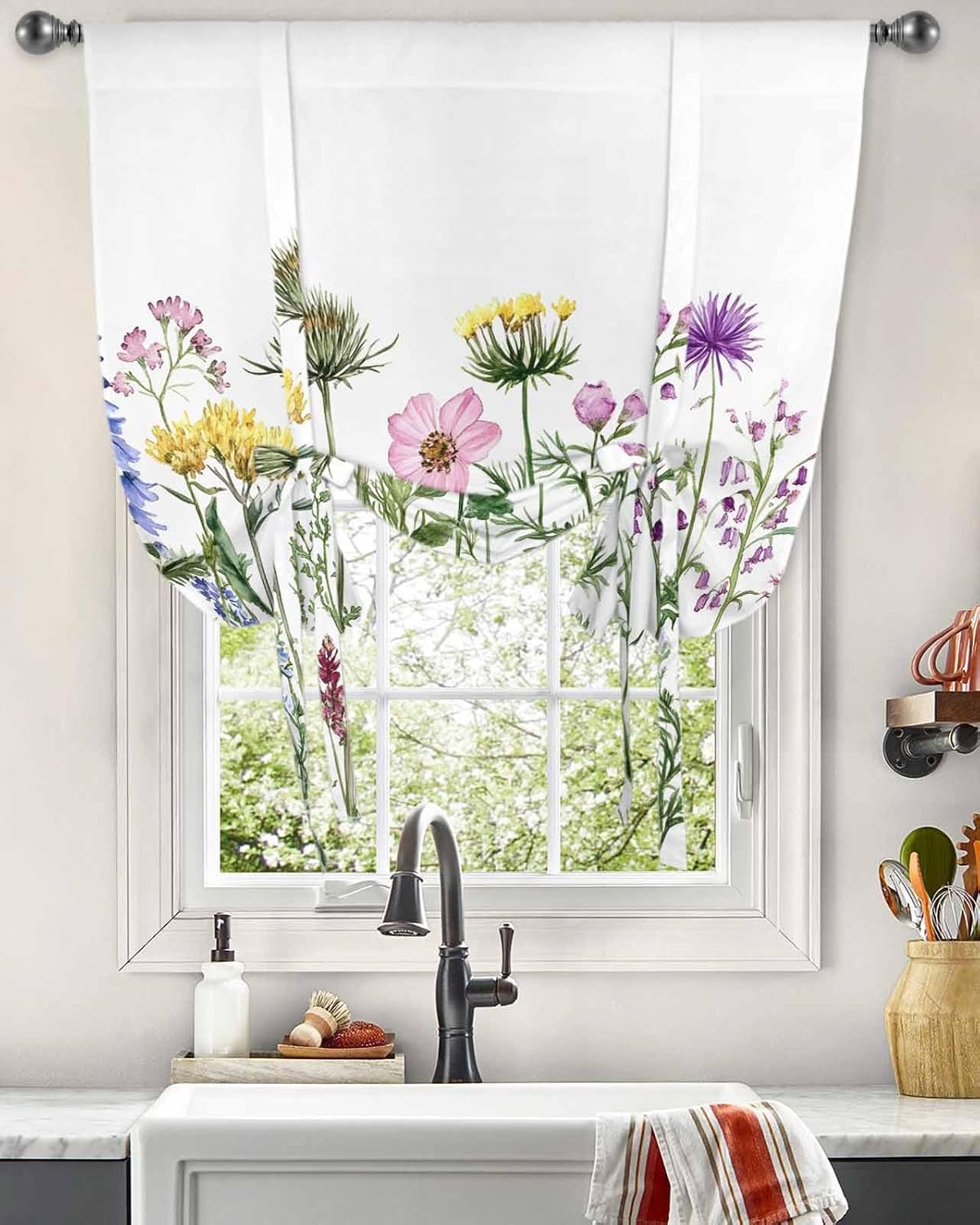 Tie Up Curtains,Watercolor Flower Leaf Plant Thermal Insulated Balloon Curtain for Window,Spring Summer Floral Adjustable Rod Pocket Tie-up Shade Valance for Kitchen Bathroom,46x63In