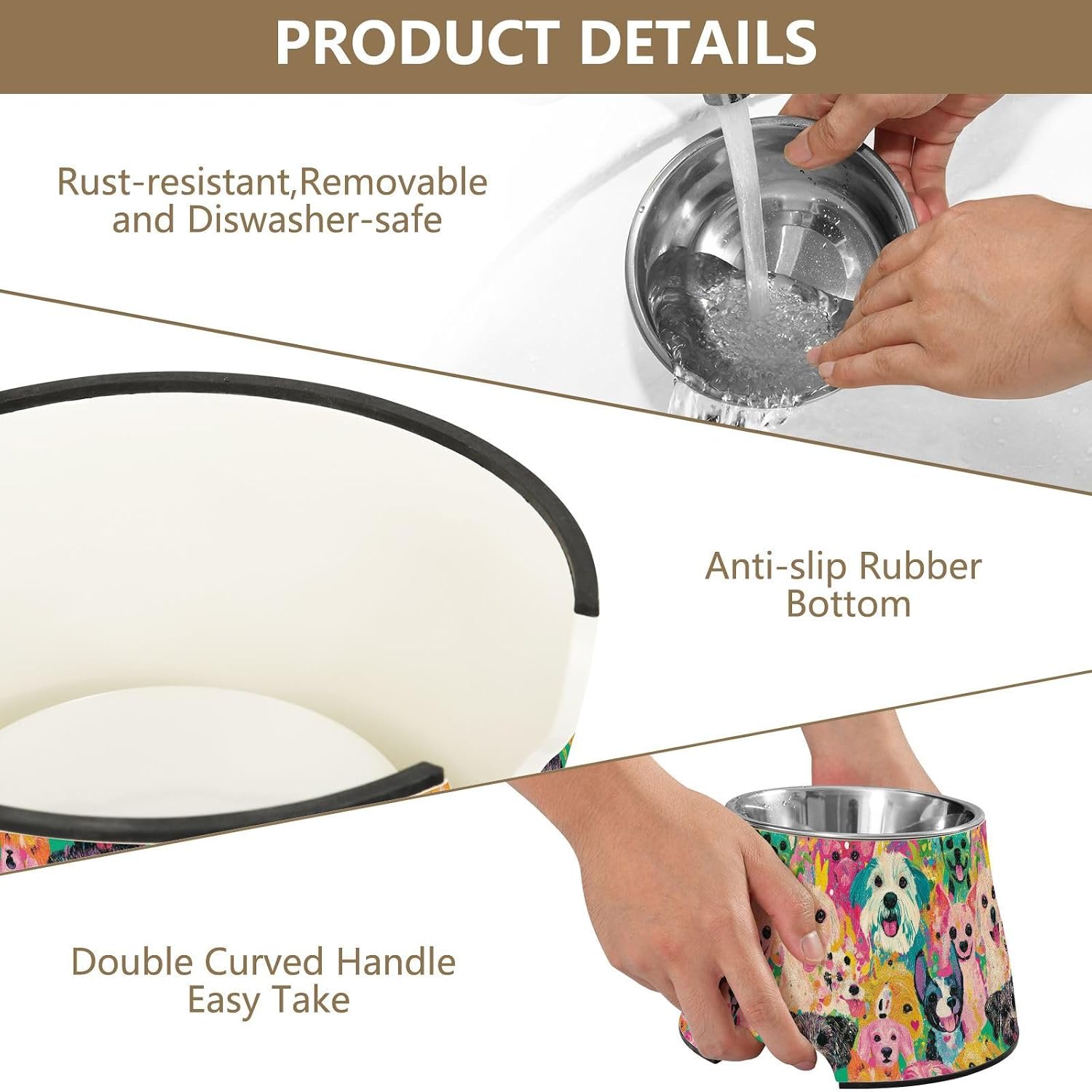 Colorful Asthetic Art Dogs Pets Food Bowl Non Skid Stainless Steel Raised Cat Bowl for Medium Dogs Slow Down Eating