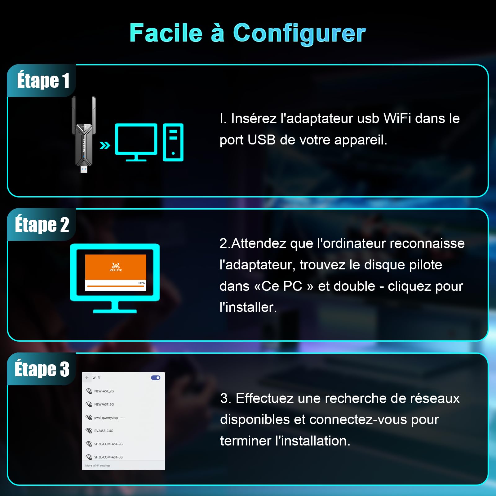 NEWFAST Clé WiFi 7 BE6500 U373 Tri-Bande USB 3.0 WPA3 Adaptateur WiFi pour PC