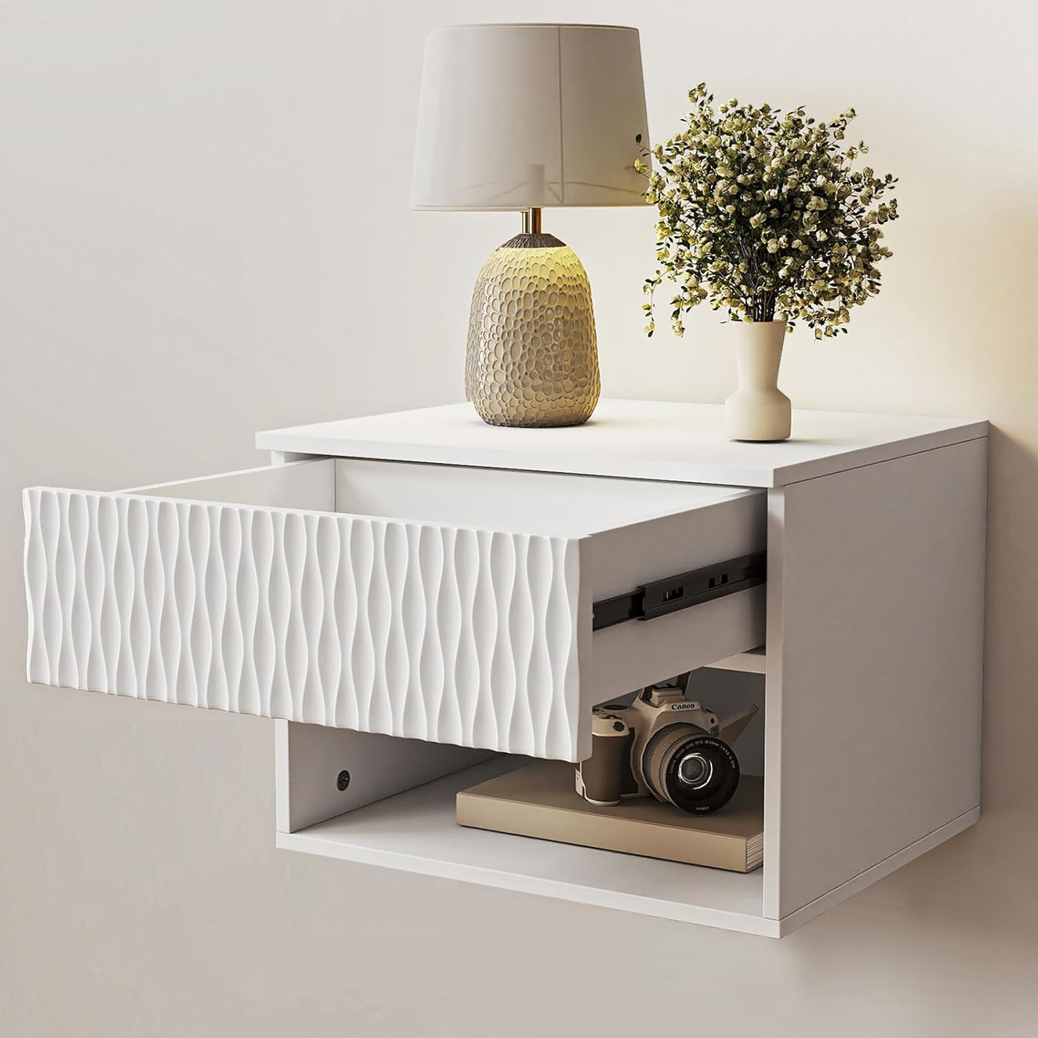 Vibe & Dine Floating Nightstand Set of 2, Wall Mounted Night Stand with Wavy Pattern Design, Modern Bedside Tables with Drawers for Bedroom, Easy Assembly, White