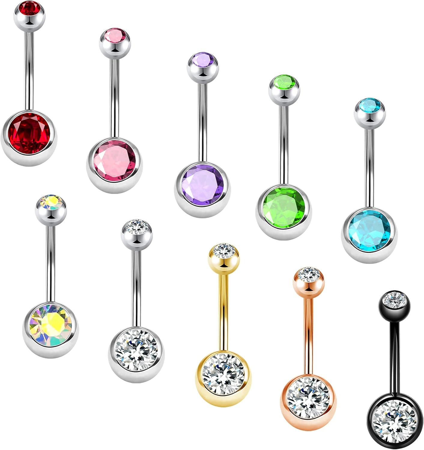 OUFER Belly Button Rings Pack 14G Surgical Steel Shiny CZ Belly Rings Jewelry Crystal Balls Navel Piercing Jewelry