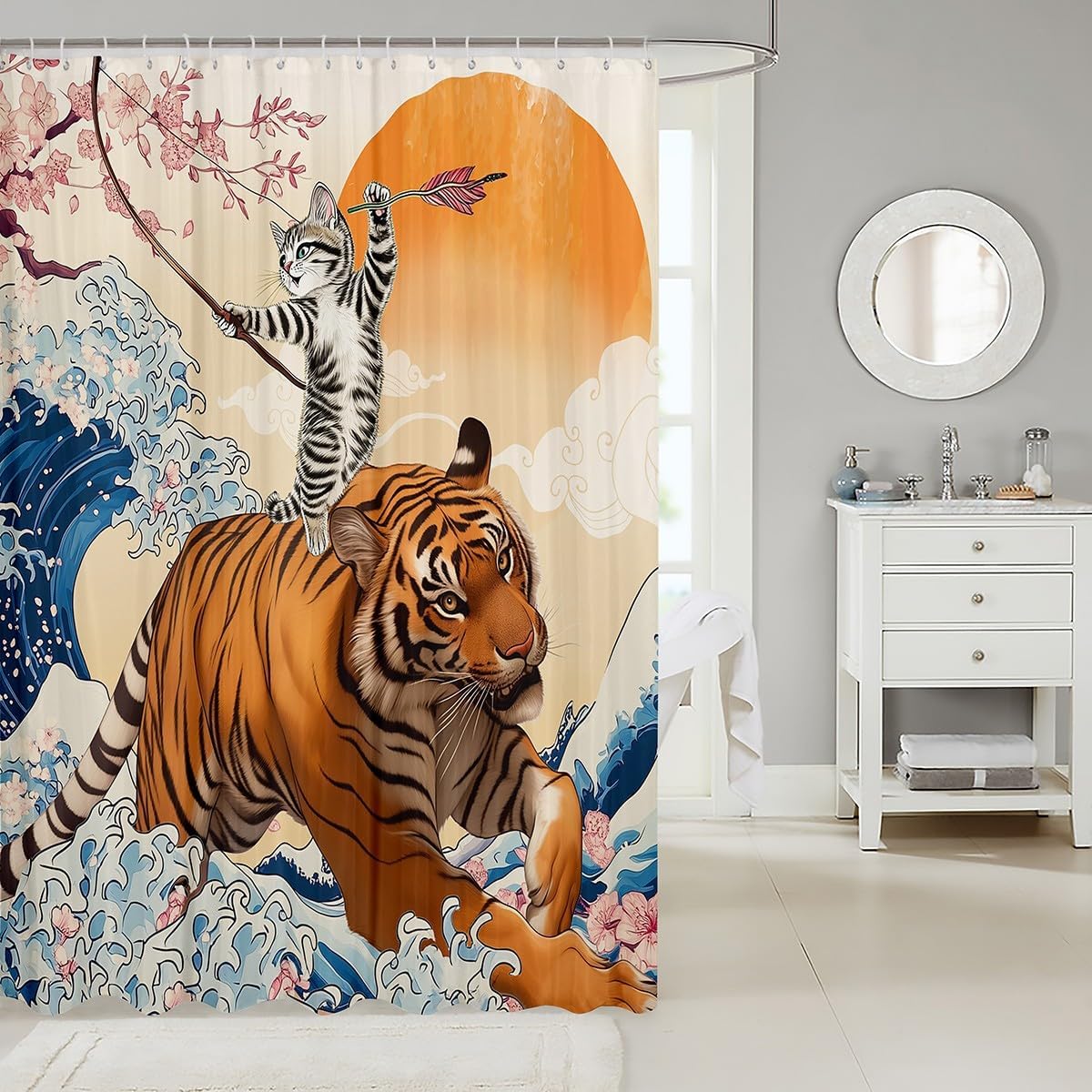 Funny Cat Bath Curtain for Kids Japanese Ocean Wave Shower Curtain for Bathroom Decorative, Safari Tiger Bathroom Curtain Pink Cherry Blossoms Shower Accessories, Asian Fun Anime Bathtub Decor image 2