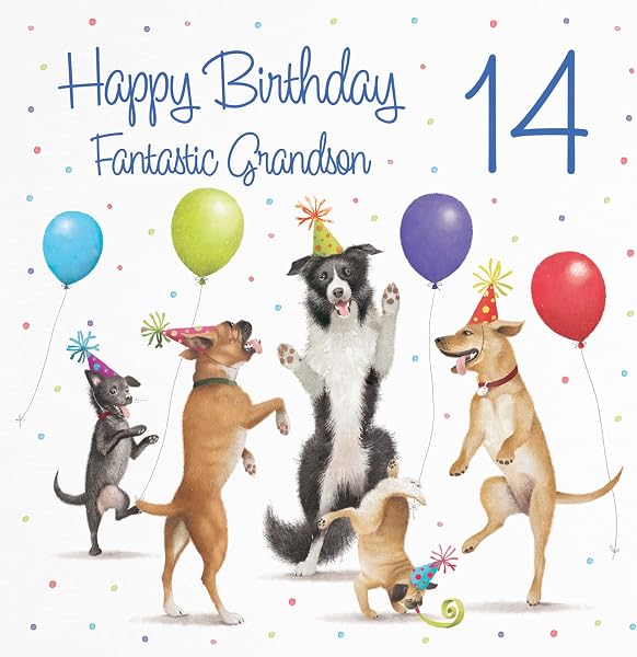 Hunts England - 14th Grandson Birthday Card - Dancing Dogs - Fantastic Grandson - Age 14 - Funny Boy's 14th Birthday Card - Milo's Gallery - Age Fourteen - 2