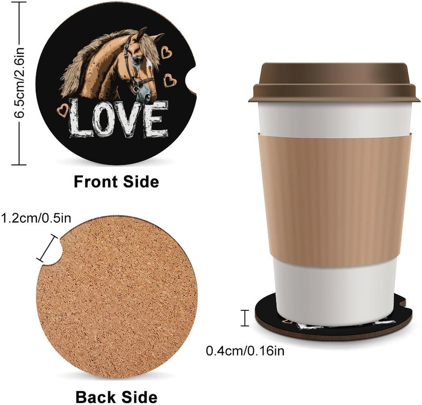 I Love Horses Car Cup Holder Coaster with Cork Base 2.6 Inches Anti Slip | Absorbent Cute Car Accessories Interior Fashion Decor with Finger Notch