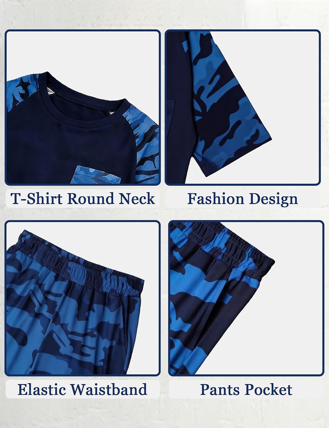 Boys Clothes Short Sleeve Patchwork Camo T Shirt Top Shorts Sets Casual Summer Outifts for Kids 5-14 Years