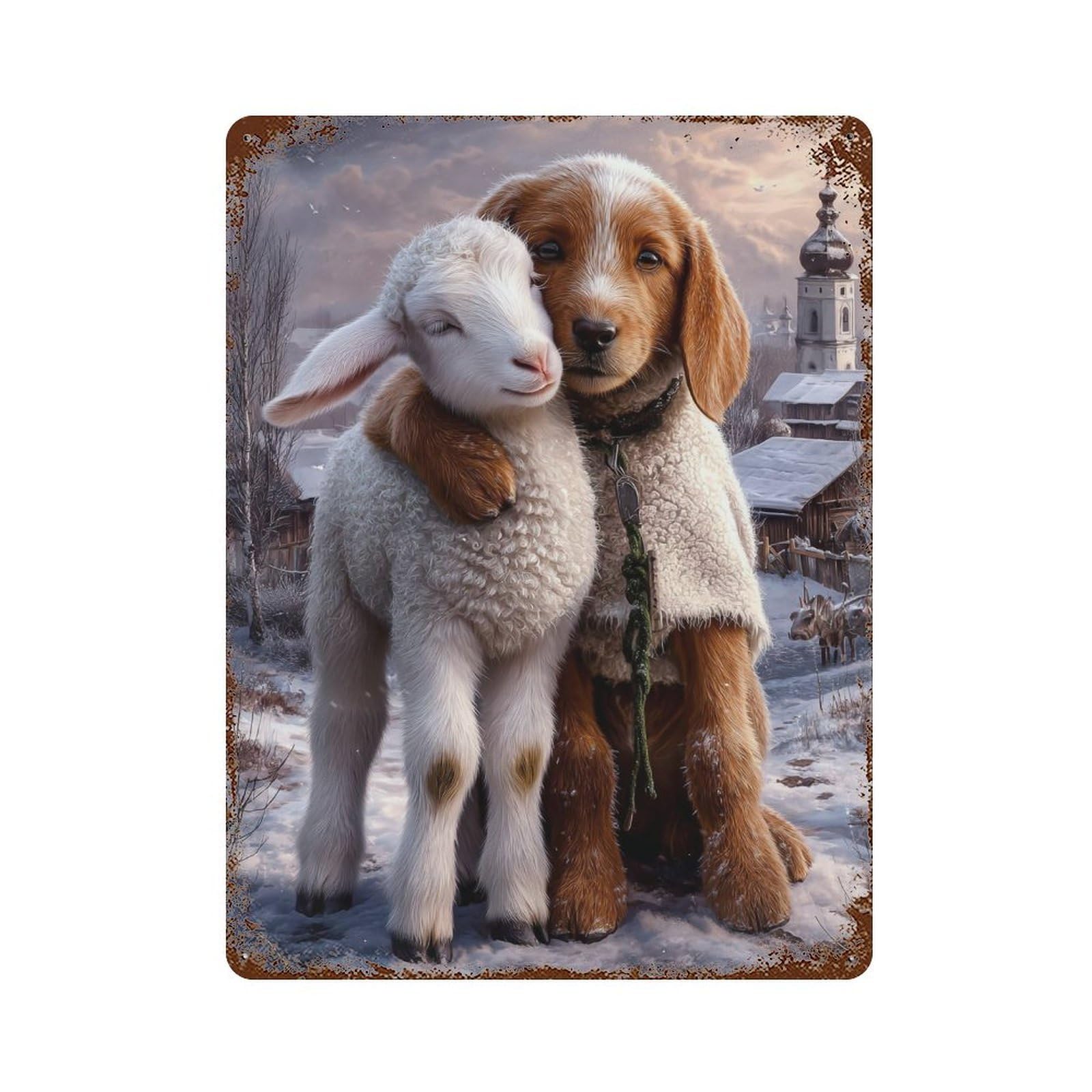 Winter Friendship Lamb And Puppy Rustic Tin Plaque 15.7"x11.8", Classic Wall Plaque for Garage, Pub Or Kitchen