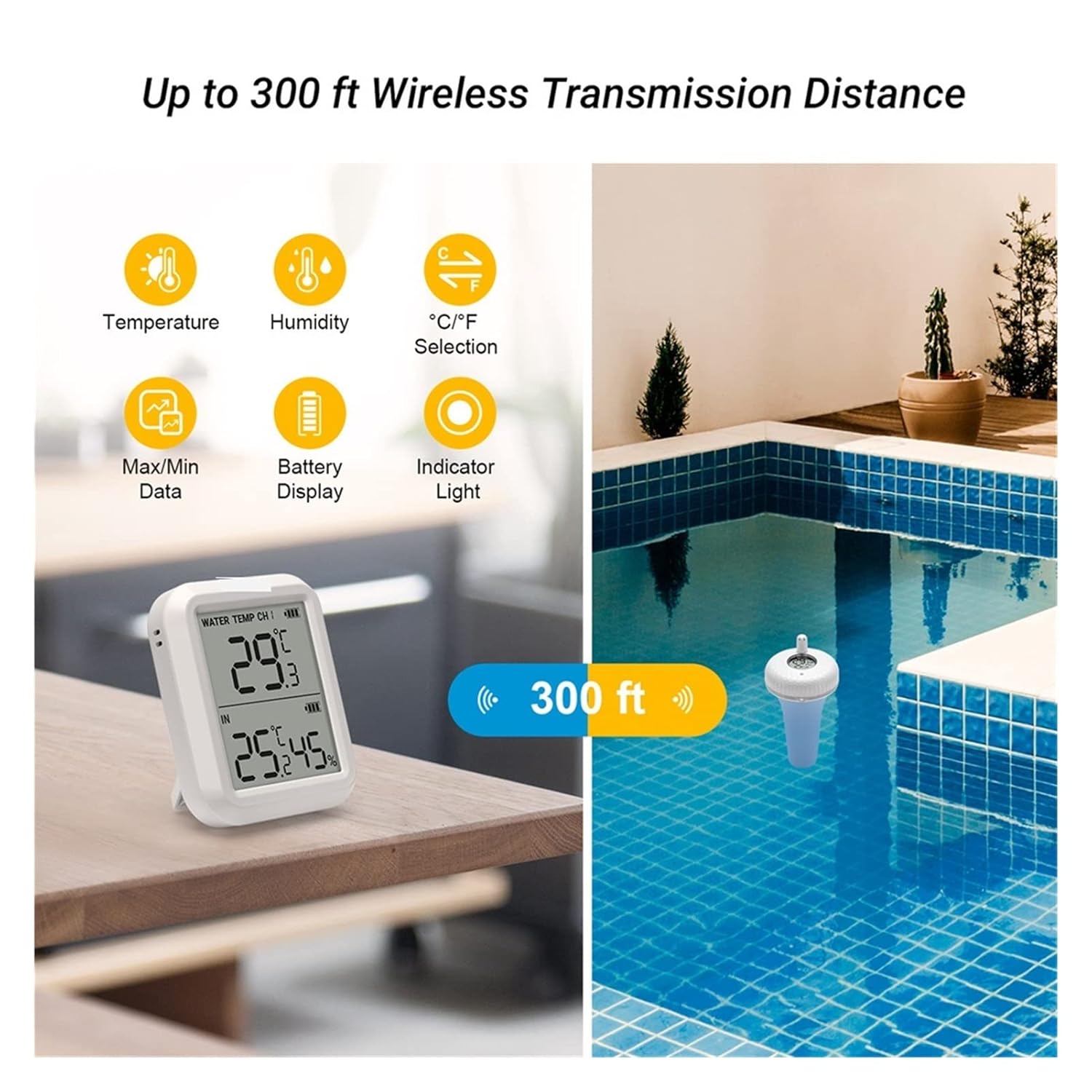 Wireless Pool Thermometer Floating Digital Pool Thermometer 300ft IPX7 Waterproof Outdoor Pool Thermometer Waterproof LCD Display Spa Thermometer Floating Easy Read