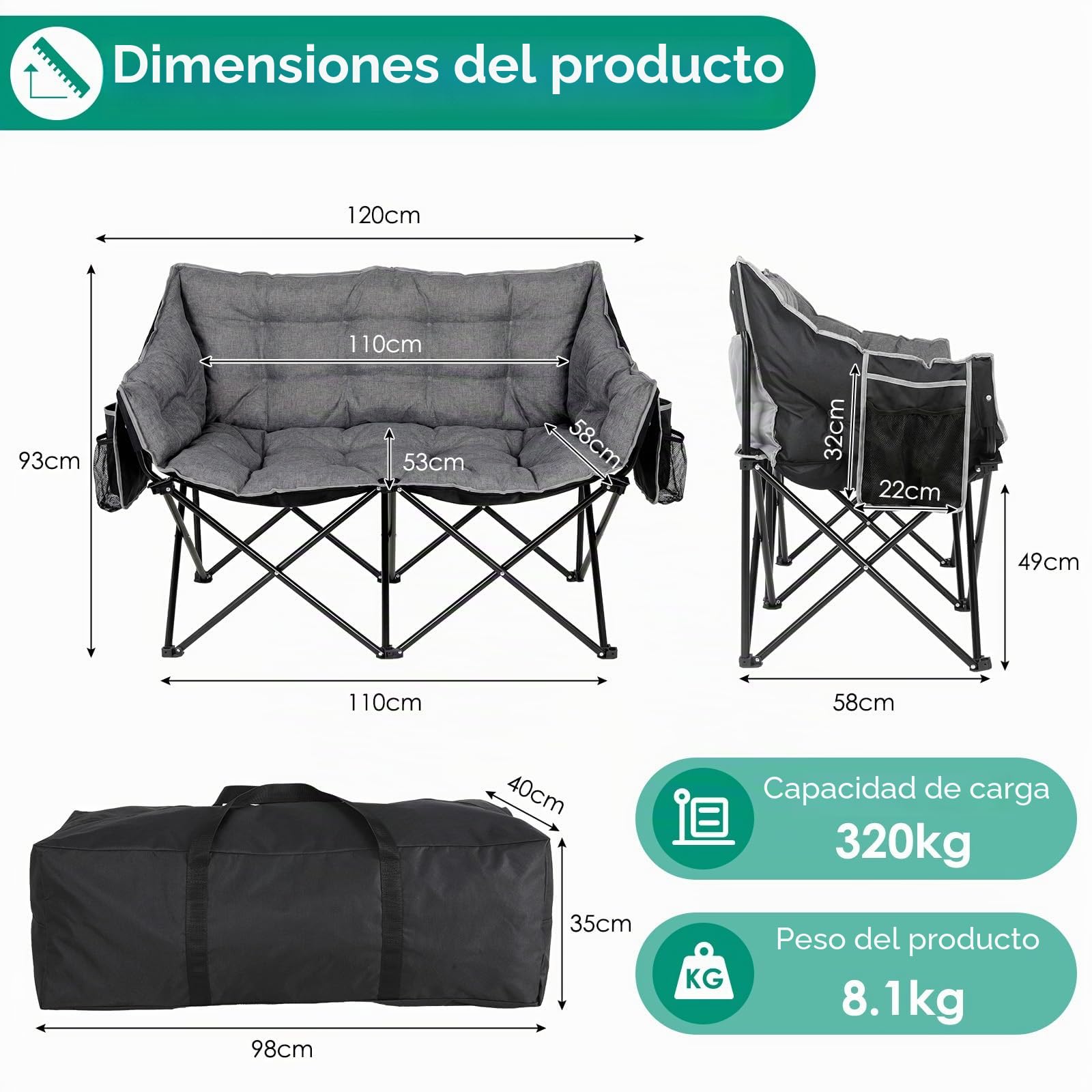 LIFERUN Silla de Camping Plegable para 2 Personas, 320KG, Sofá de Camping Acolchado 2 Plazas, Silla Acolchada, con Bolsillo Lateral y Trasero, Bolsa Incluida, para Pesca,Playa,Jardín, Caravana, Gris