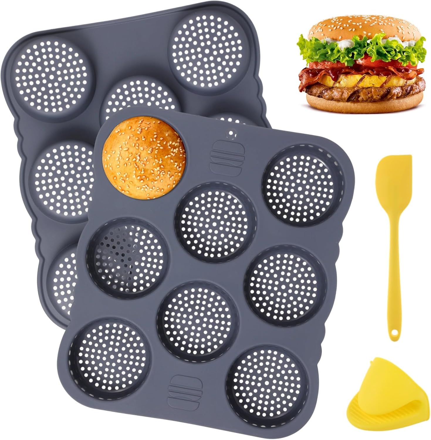 2 Pcs Silicone Hamburger Bun Molds, 8-Cup Baking Set with Spatula and Glove, Nonstick Perforated Molds, Microwave & Dishwasher Safe