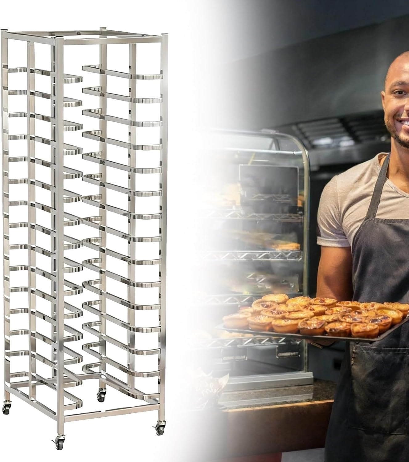 WDJBPSH 15-Tier Bakery Bun Pan Speed Cart for Commercial Kitchen, Large Baking Sheets Drying Holder with 2 Locking Wheels, Stainless Steel Storage Rack fit 60x40cm Tray