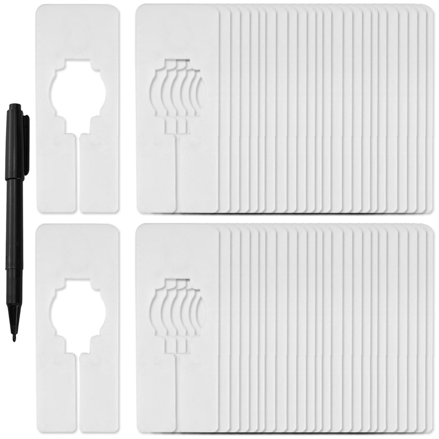 50 Pack Closet Rack Dividers Rectangular with a Marker Pen White Clothing Hanger Dividers Writable and Reusable for Sorting Clothing Size, Color