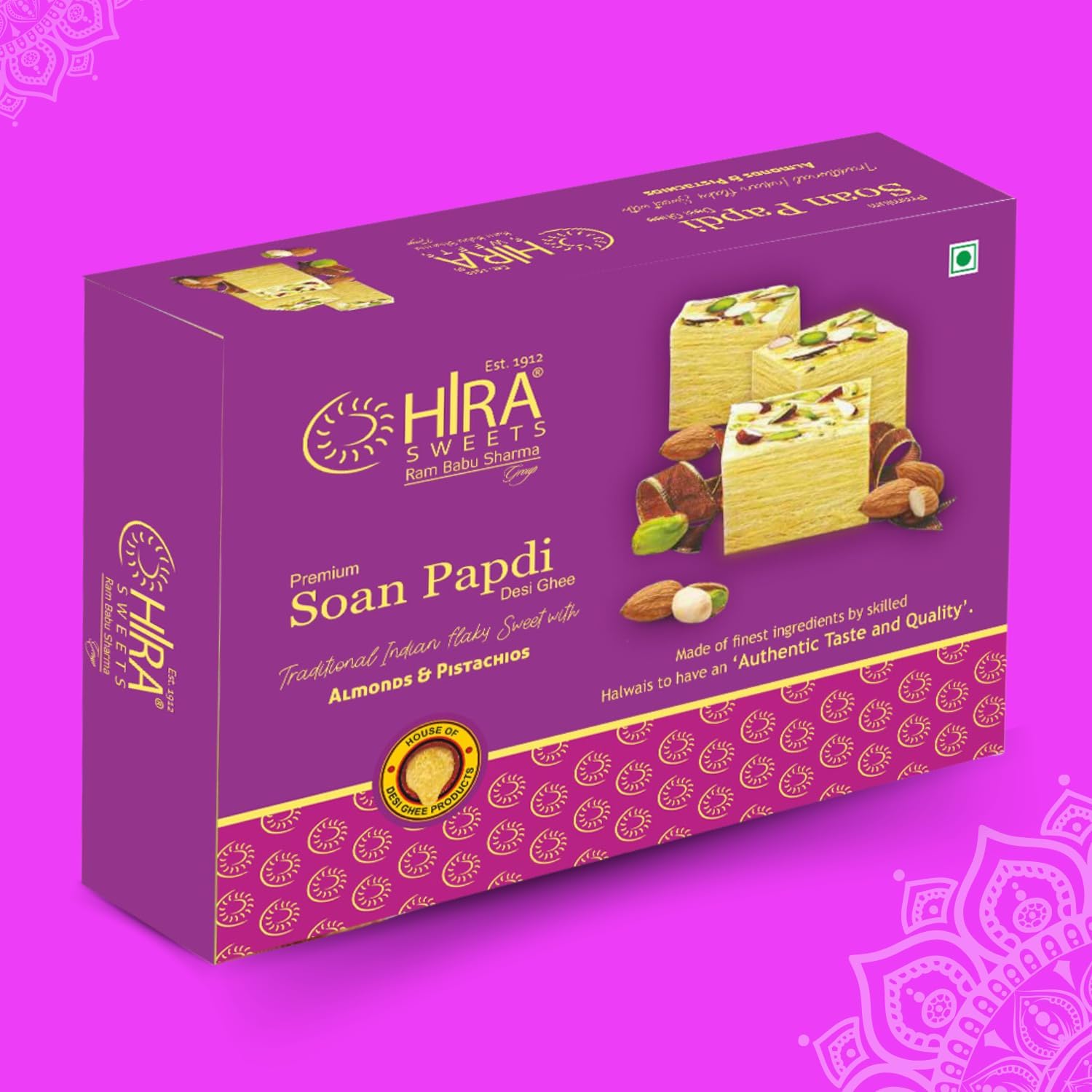 HIRA SWEETS Soan Papdi 500g | Delicious, Crispy & Flaky | Made with Almonds & Pistachio | Ready-to-Eat Indian Traditional Mithai | Ideal Gift Box for Sweets Lovers 3