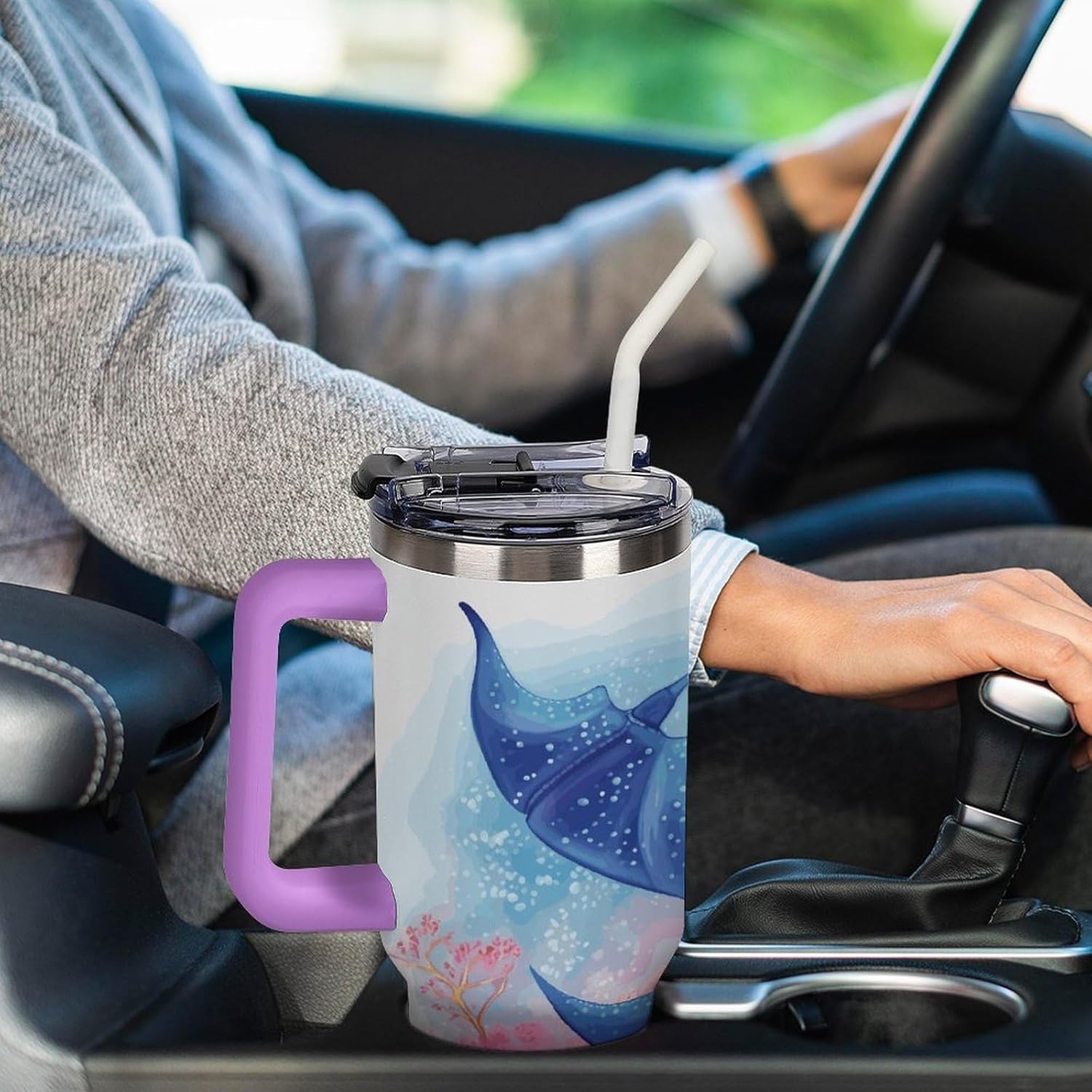 40 Oz Insulated Mug with Handle, Stainless Steel Sea Animals Stingrays Printed Travel Mug Portable Leak-proof Large Car Mug for Home, Office Or Car