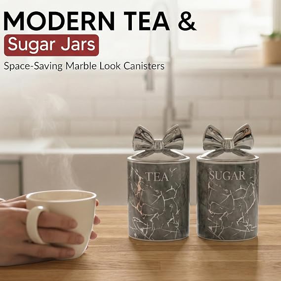 BML Marble Tea Coffee Sugar Canister Set With Silver Bow Lids Ceramic Kitchen Storage Jars Suitable For Countertop Use Modern Home Decor Containers For Everyday use (Gray)