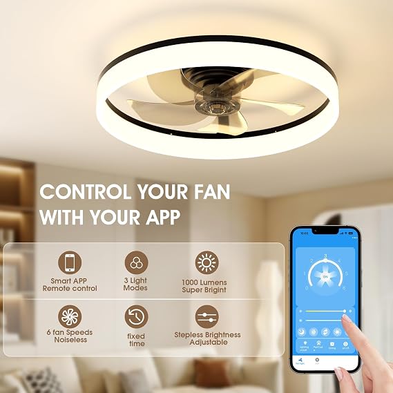 NIORSUN 50CM LED Ceiling Fan with Lights and Remote, Dimmable Low Profile Ceiling Fans, Flush Mount Ceiling Fan, Stepless Color Temperature Change and 6 Speeds（Black） [Energy Class E]