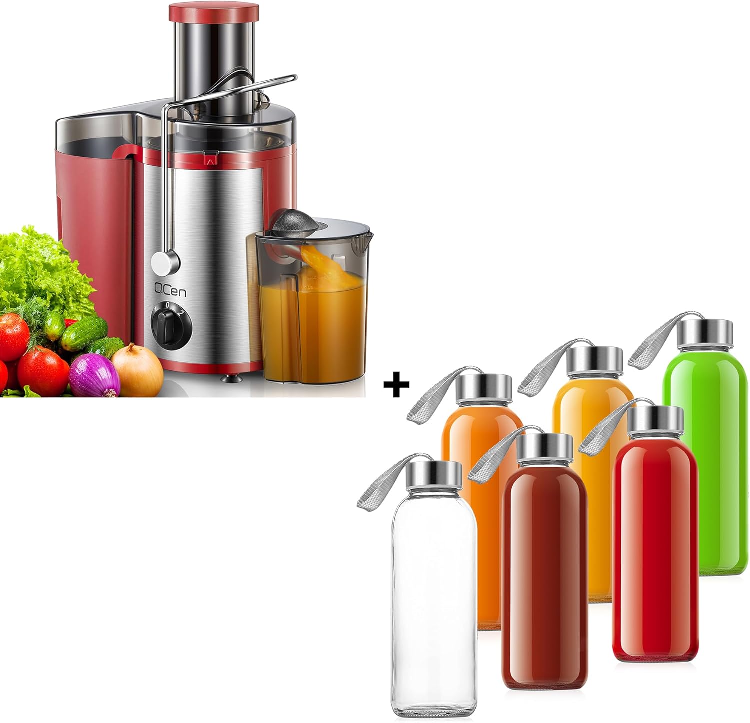 QCen Centrifugal Juicer Machine Red and 6PCS Glass Bottle Bundle