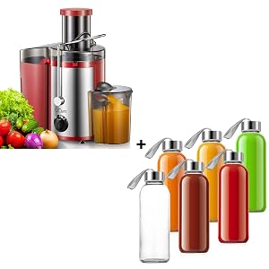 QCen Centrifugal Juicer Machine Red and 6PCS Glass Bottle Bundle