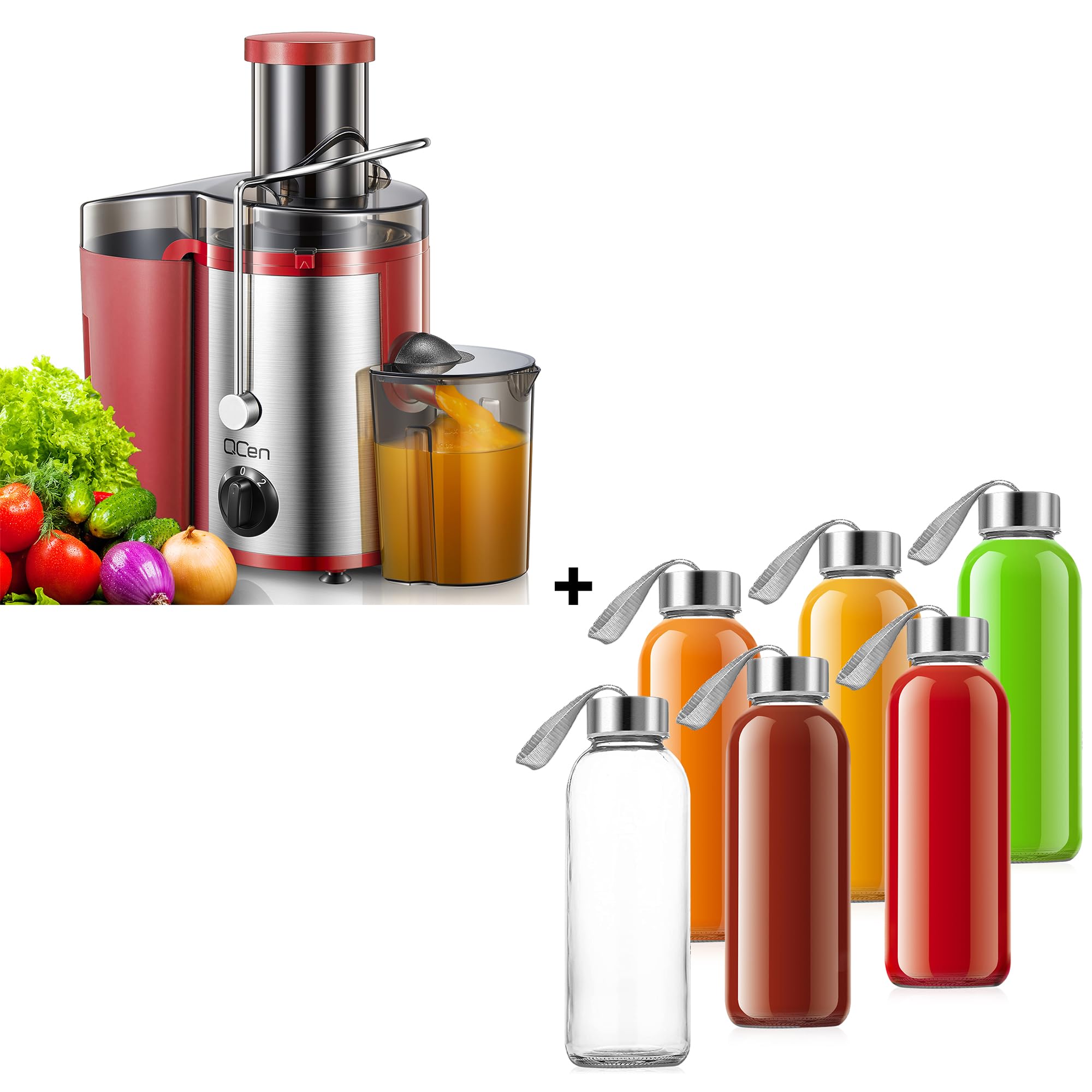 QCen Centrifugal Juicer Machine Red and 6PCS Glass Bottle Bundle