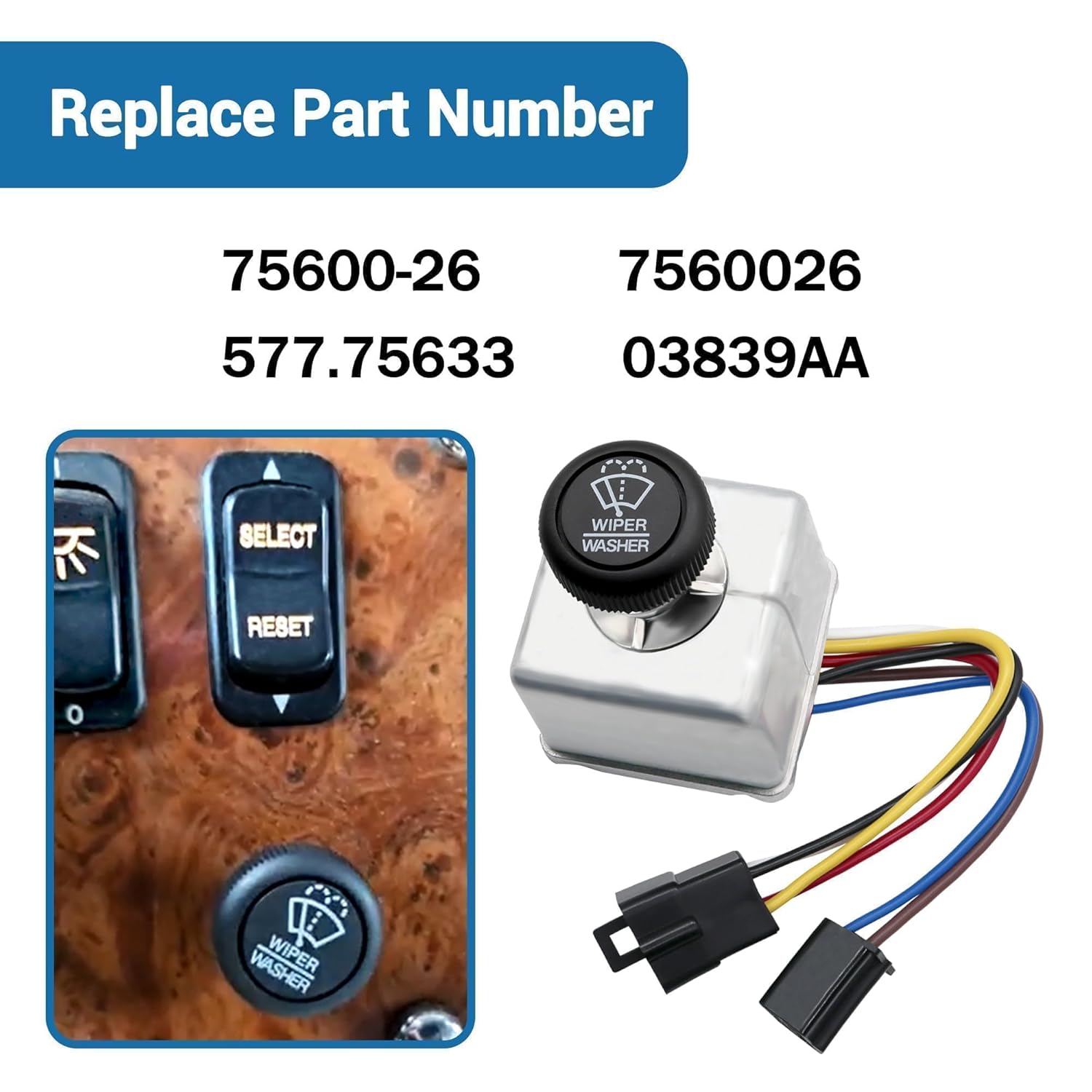 Wiper Switch with Knob Compatible with Peterbilt 220 378 379 387 Replaces# 7560026 75600-26 6-Lead Knob Wiper Control Switch