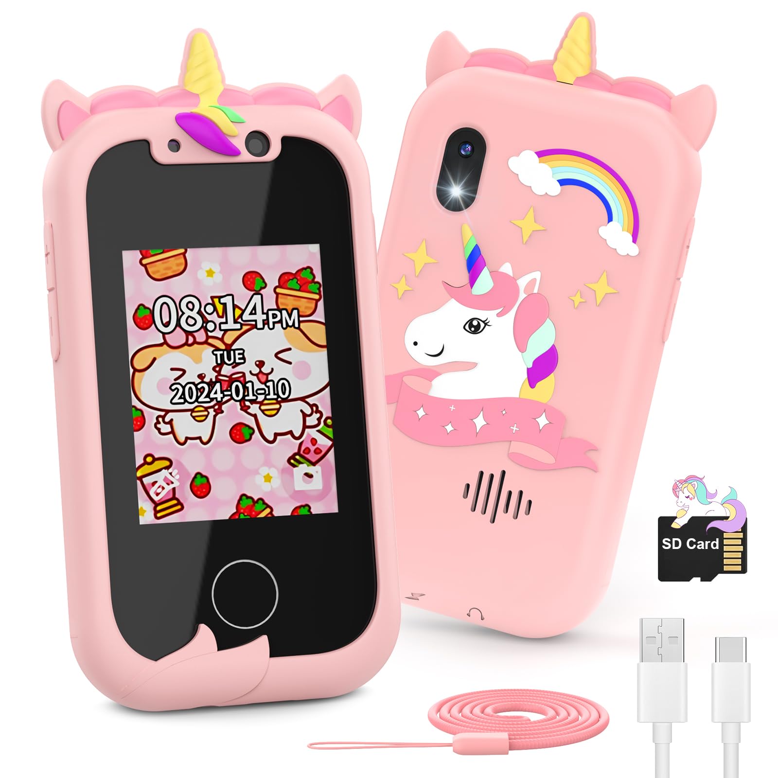 Ashfly Smartphone Niños,Teléfono Móvil para Niños Navidad Cumpleanos Regalo Juguetes Nina 3 4 5 6 7 8 9 10 Años, Teléfono móvil Juguete con Doble Cámara Reproductor de Música Juegos de Puzzle