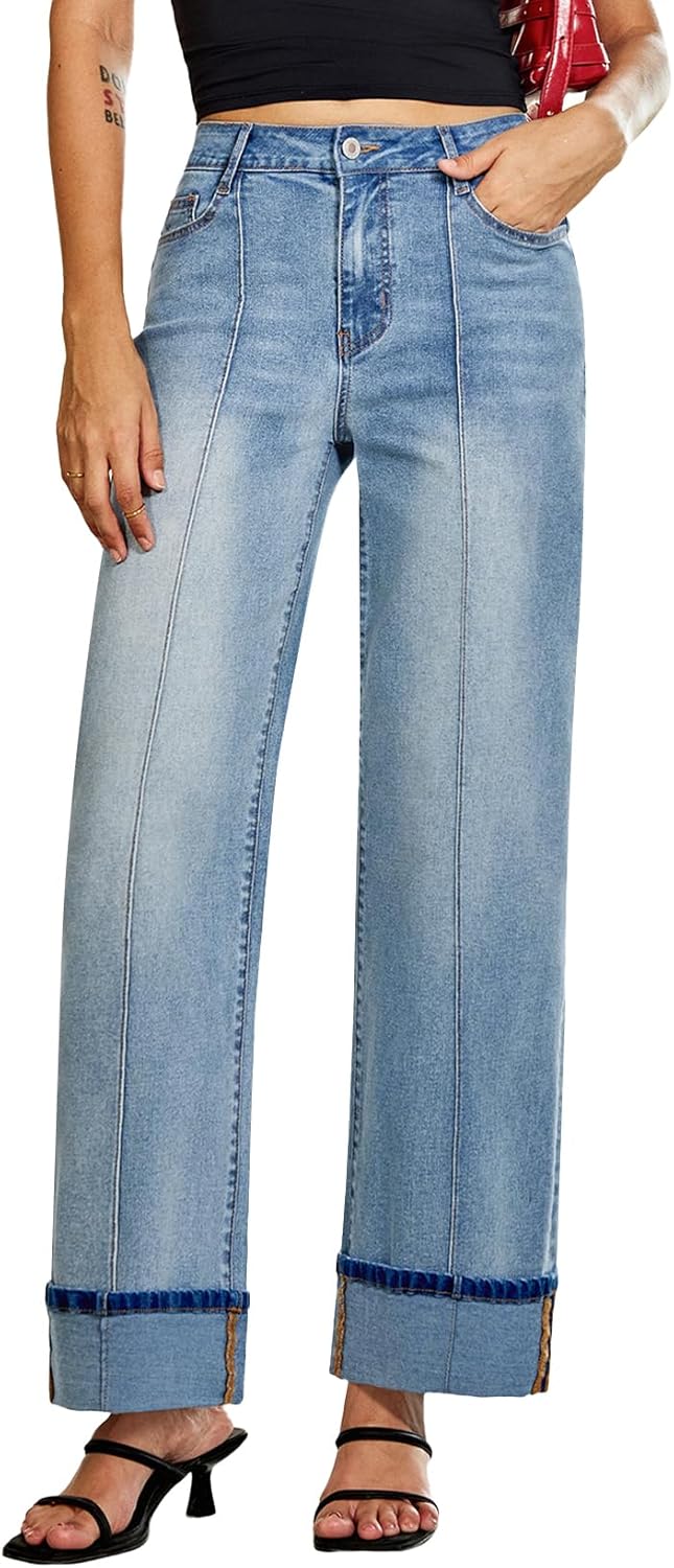 Sidefeel Women's Wide Leg Cuffed Jeans High Waisted Baggy Stretchy Denim Pants with Pockets - Image 6