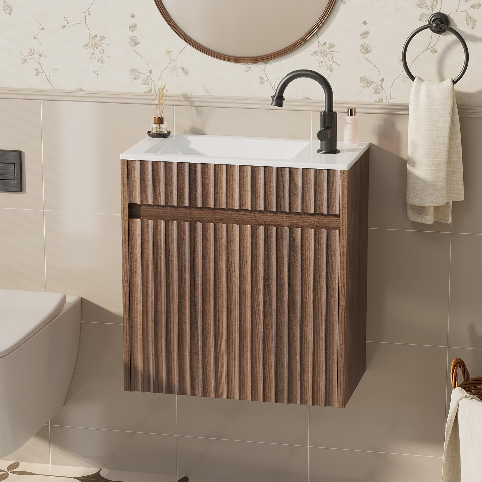 Bonnlo Meuble Salle de Bain Mural avec Vasque en Céramique, Meuble de Rangement Complet Suspendu avec Lavabo en Couleur Noyer, Petit Meuble pour WC, 46 x 26 x 51 cm